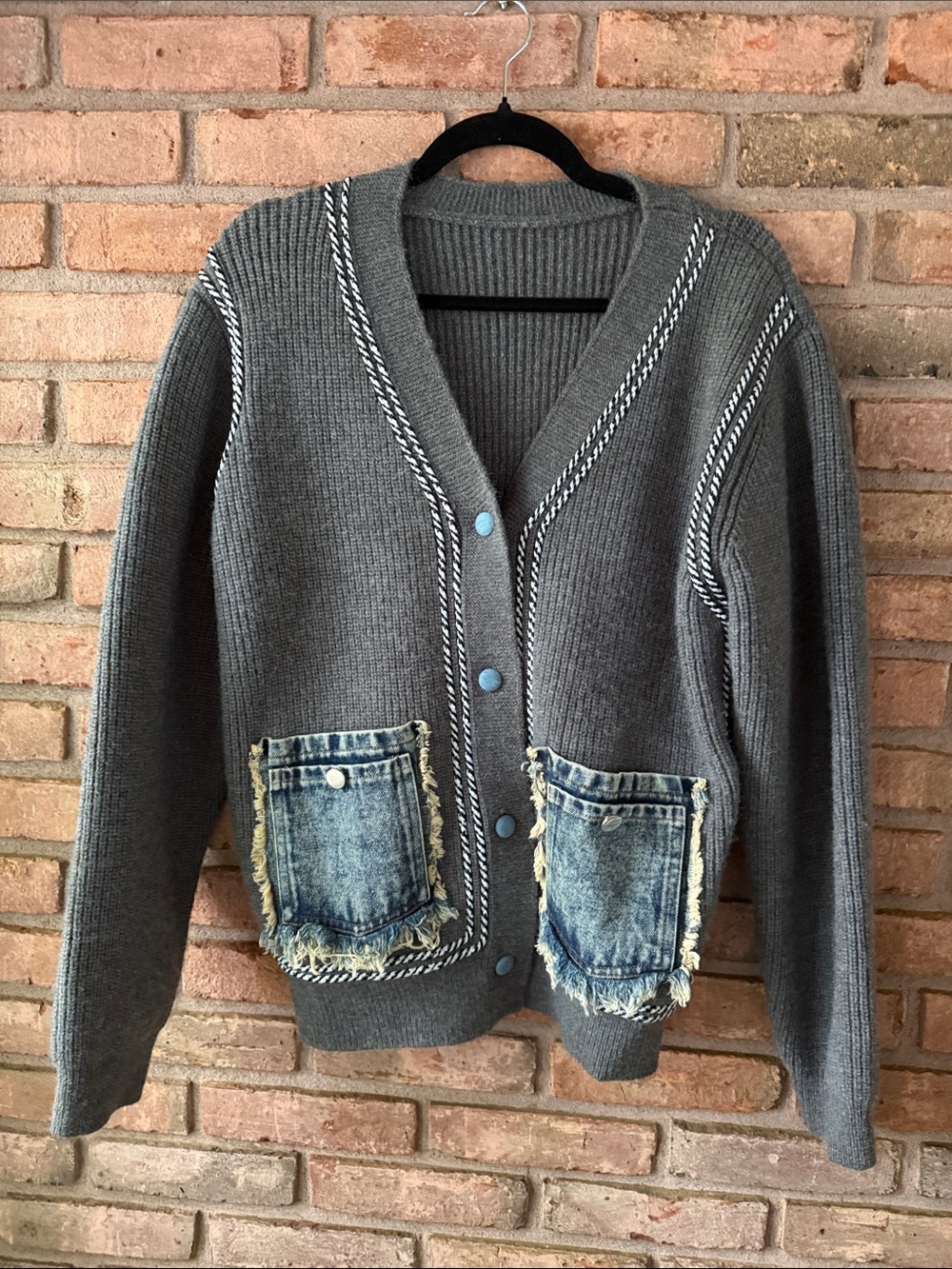 Commense Gray Ribbed Cardigan with Denim Patch Pockets